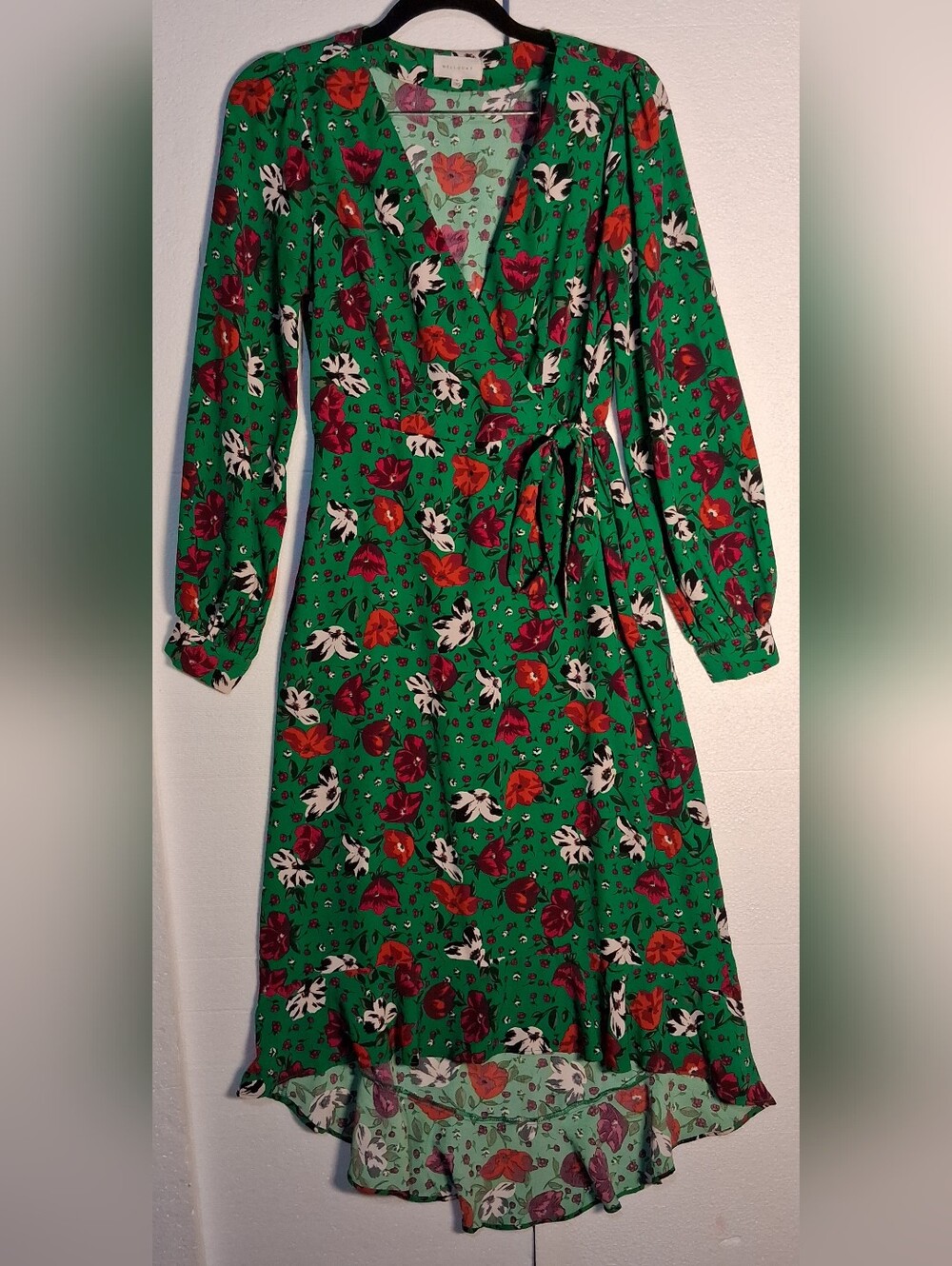 MELLODAY Green Floral High-Low Faux Wrap Midi Dress